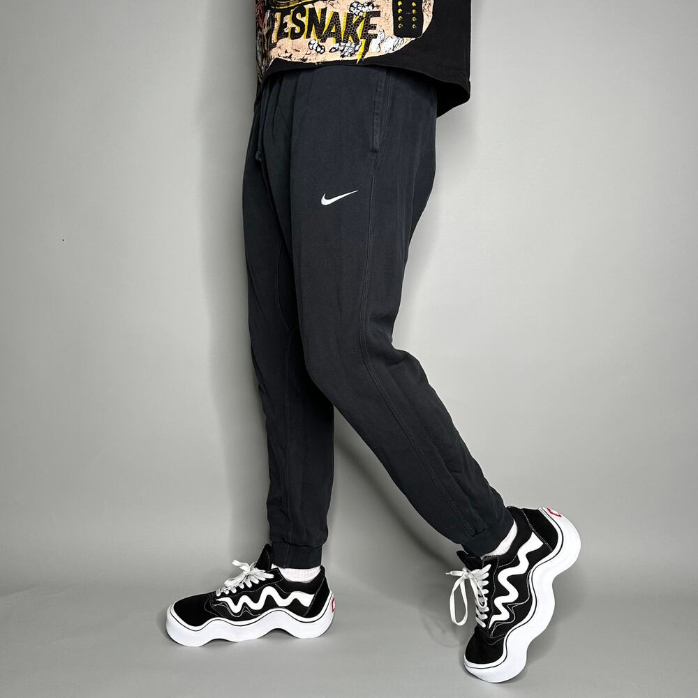 Vintage Y2K Nike Joggers Mens L Jet Black Cotton Sweatpants White Swoosh